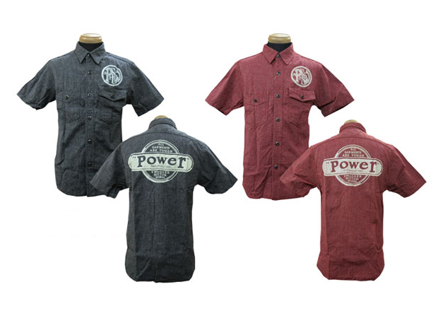 画像1: Eight-G(エイトＧ) コバート（杢）半袖ワークシャツ “POWER”プリント 2014年モデル 当店水洗い＆自然乾燥